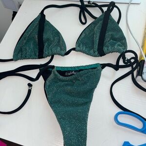 Anybody beachwear bikini set green and black with gold sparkle ties on the side
